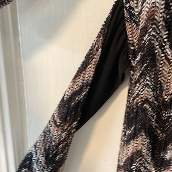 studio one new york lined earth tone chevron 3/4 sleeve dress & attached sash 12 - Picture 9 of 13